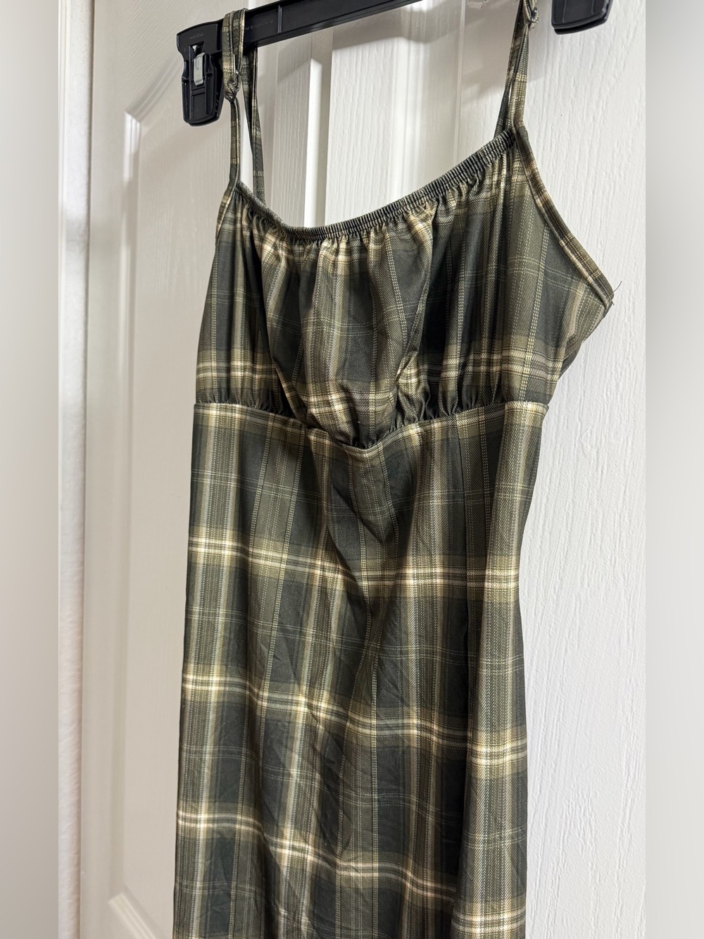 SHEIN Olive Plaid Satin Slip Dress with Spaghetti Straps